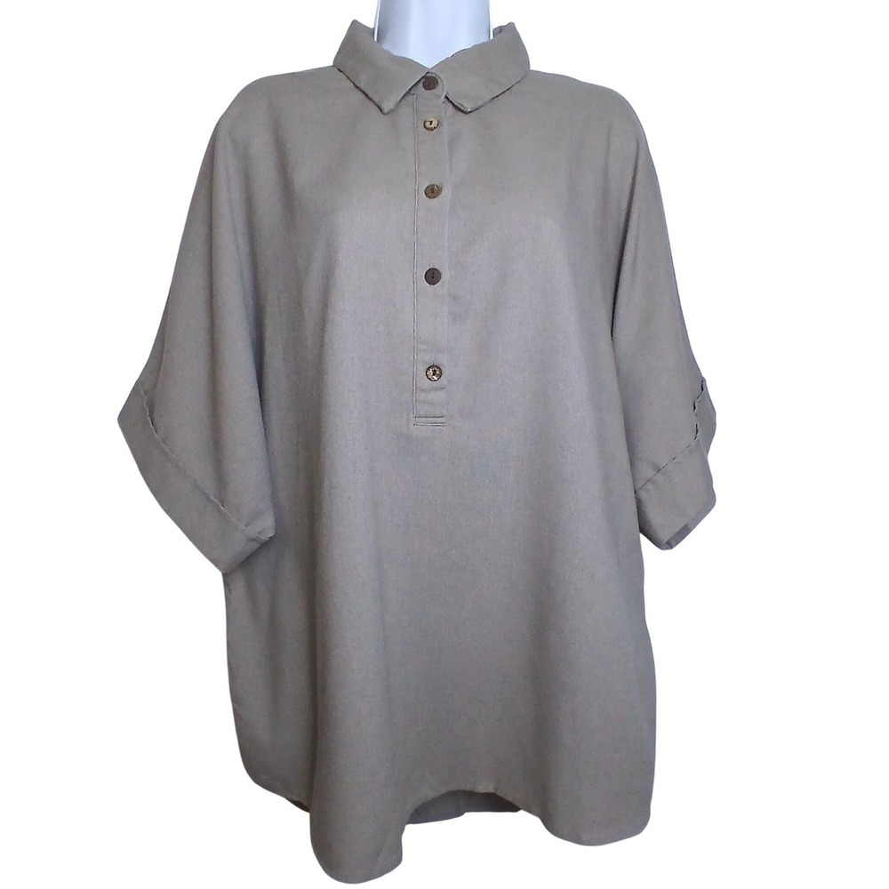 Liam & Co Taupe Gray Linen Blend Oversized Lagenlook L Button Tunic Normcore